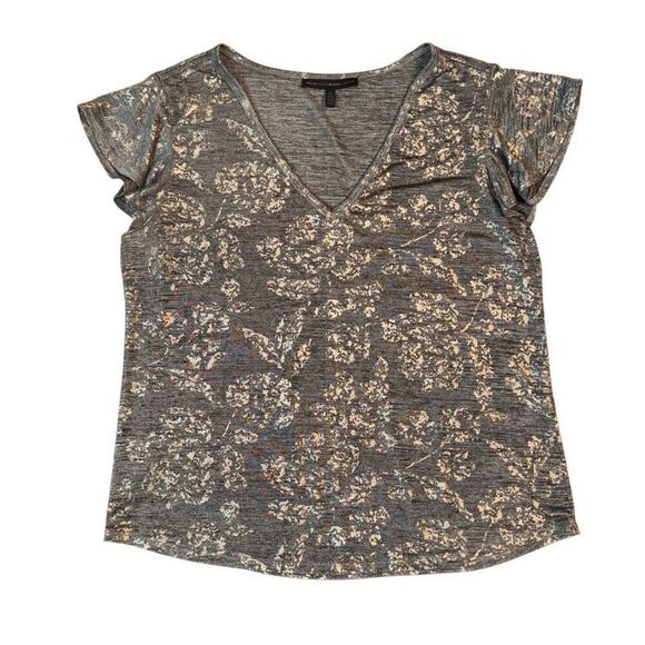 White House Black Market Metallic Top Flutter Short Sleeve XL Grey Gold - Picture 1 of 8